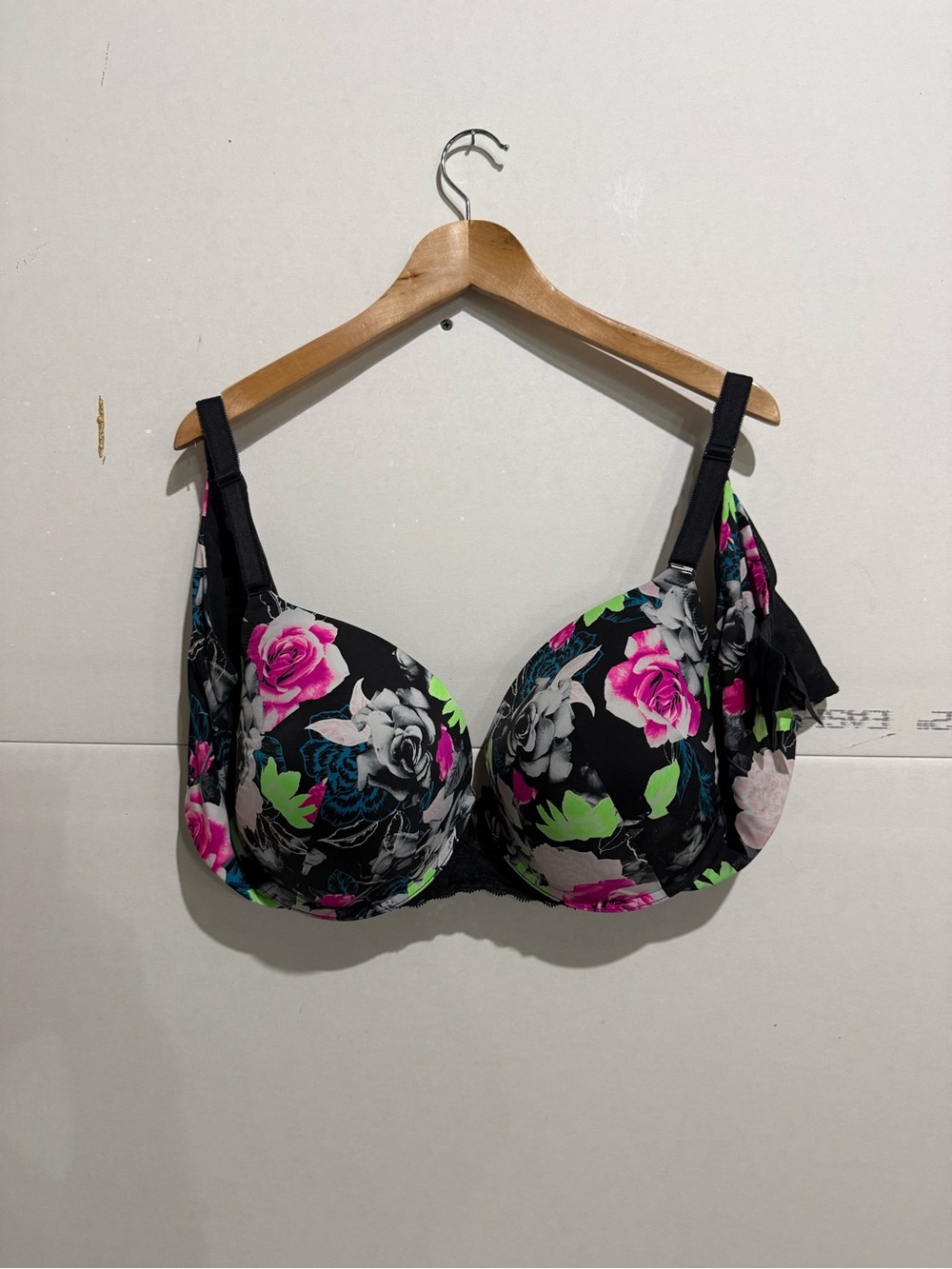 Floral Underwire Push Up T-Shirt Bra - Black with Pink & Green Floral Print